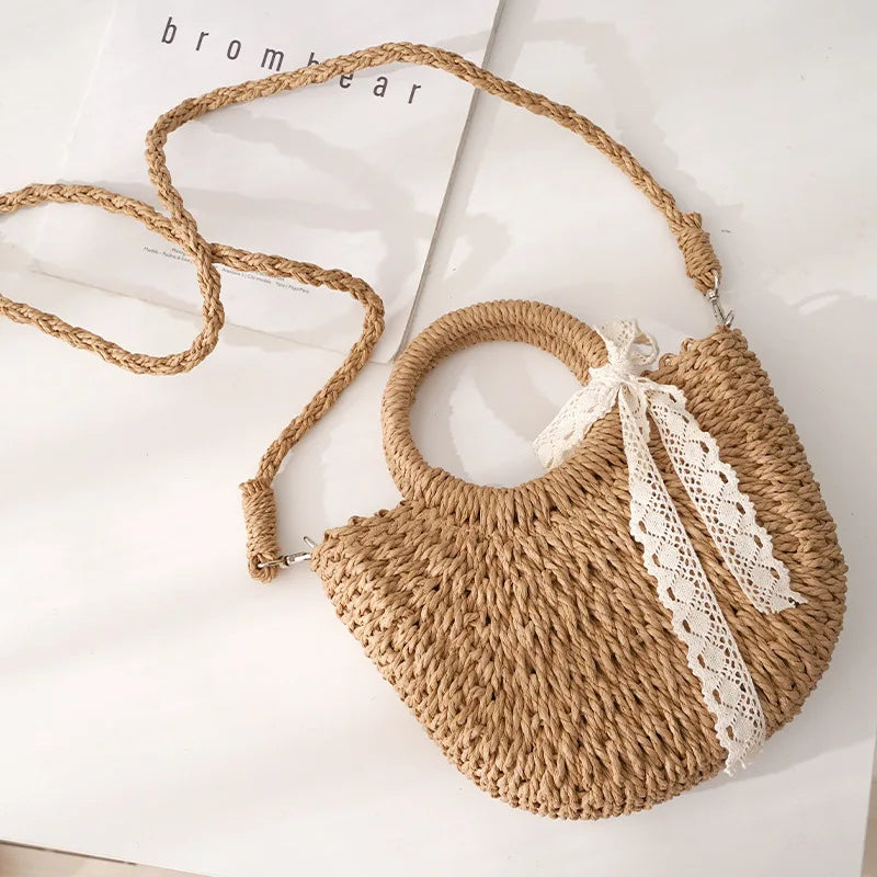 ByMave - Wicker bag with round lace and walnut bow-Elly Rose