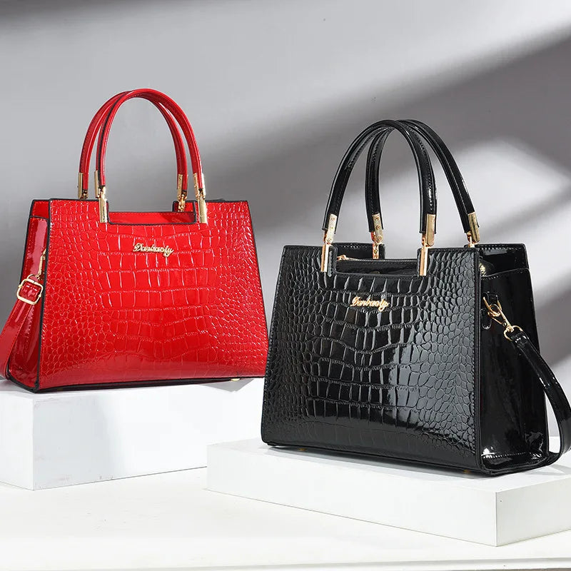 Wilja | Shiny leather handbag with crocodile pattern-Elly Rose